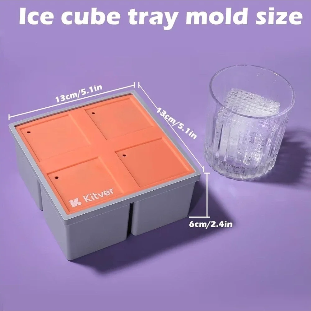 Kitver Big Square Ice Cube‎ Tray Silicone 4-Cell Mold with Lid Grey Orange NEW